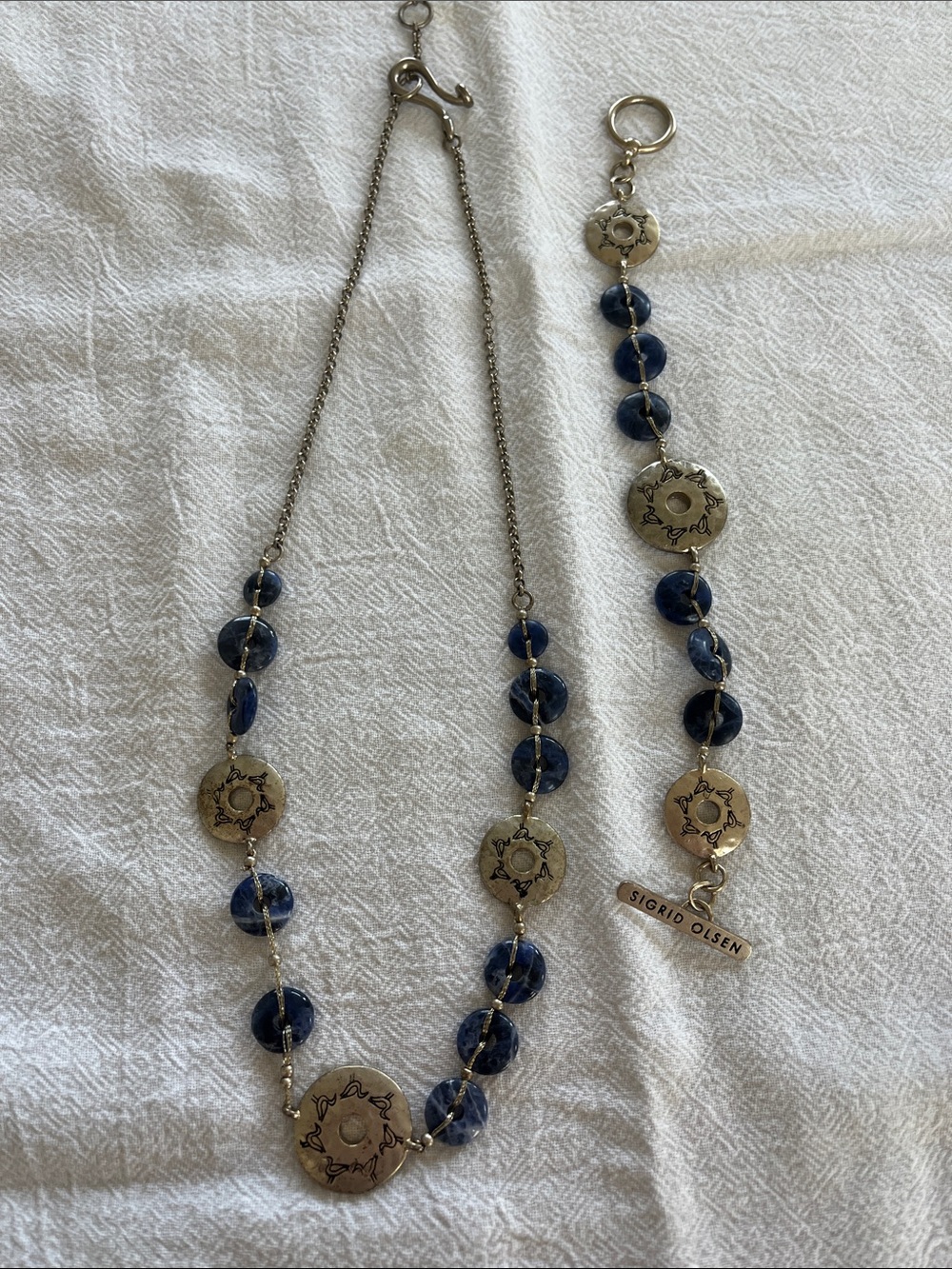 Sigrid Olsen Navy Blue Bead Necklace and Bracelet Set with Silver Medallions